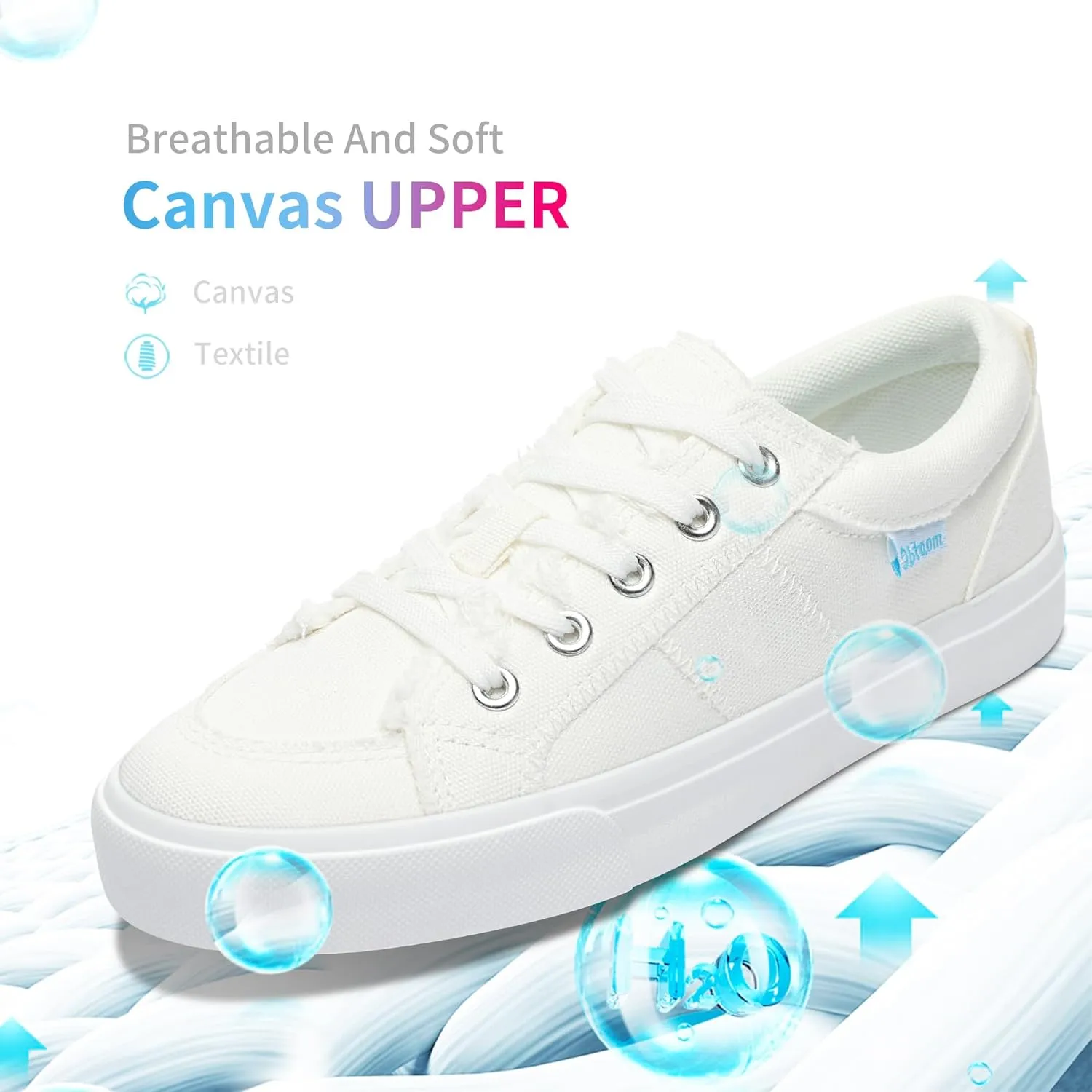 Obtaom Women's White Play Fashion Sneakers Cute Lace up Canvas Shoes Low Top Washed Canvas Flat for Lady