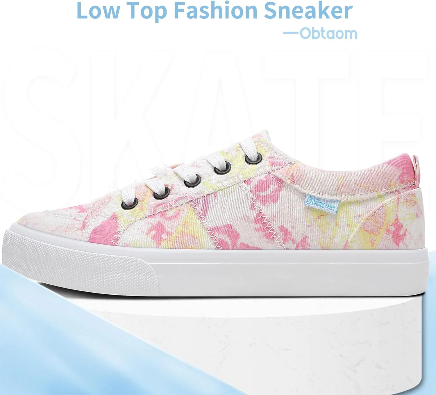 Obtaom Women's White Play Fashion Sneakers Cute Lace up Canvas Shoes Low Top Washed Canvas Flat for Lady
