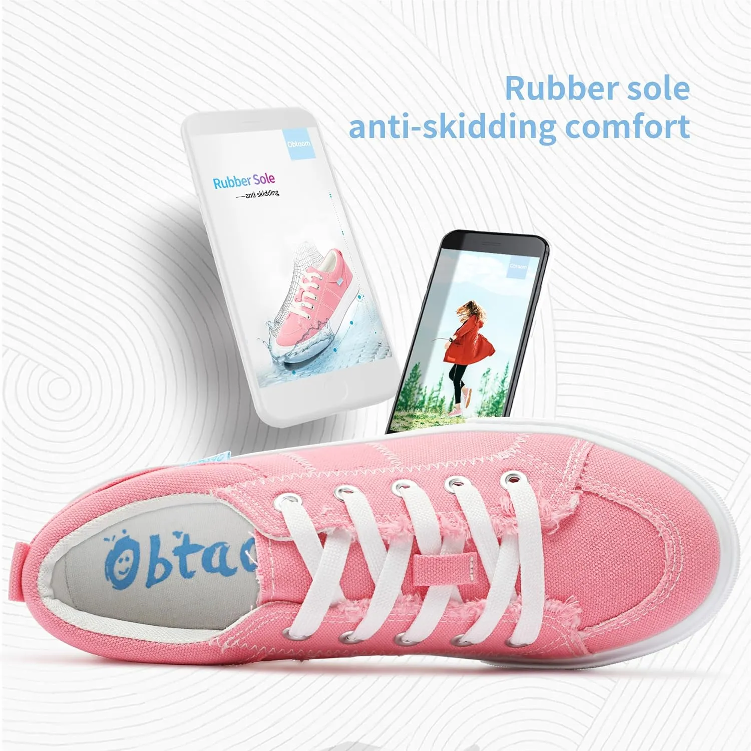 Obtaom Women's White Play Fashion Sneakers Cute Lace up Canvas Shoes Low Top Washed Canvas Flat for Lady