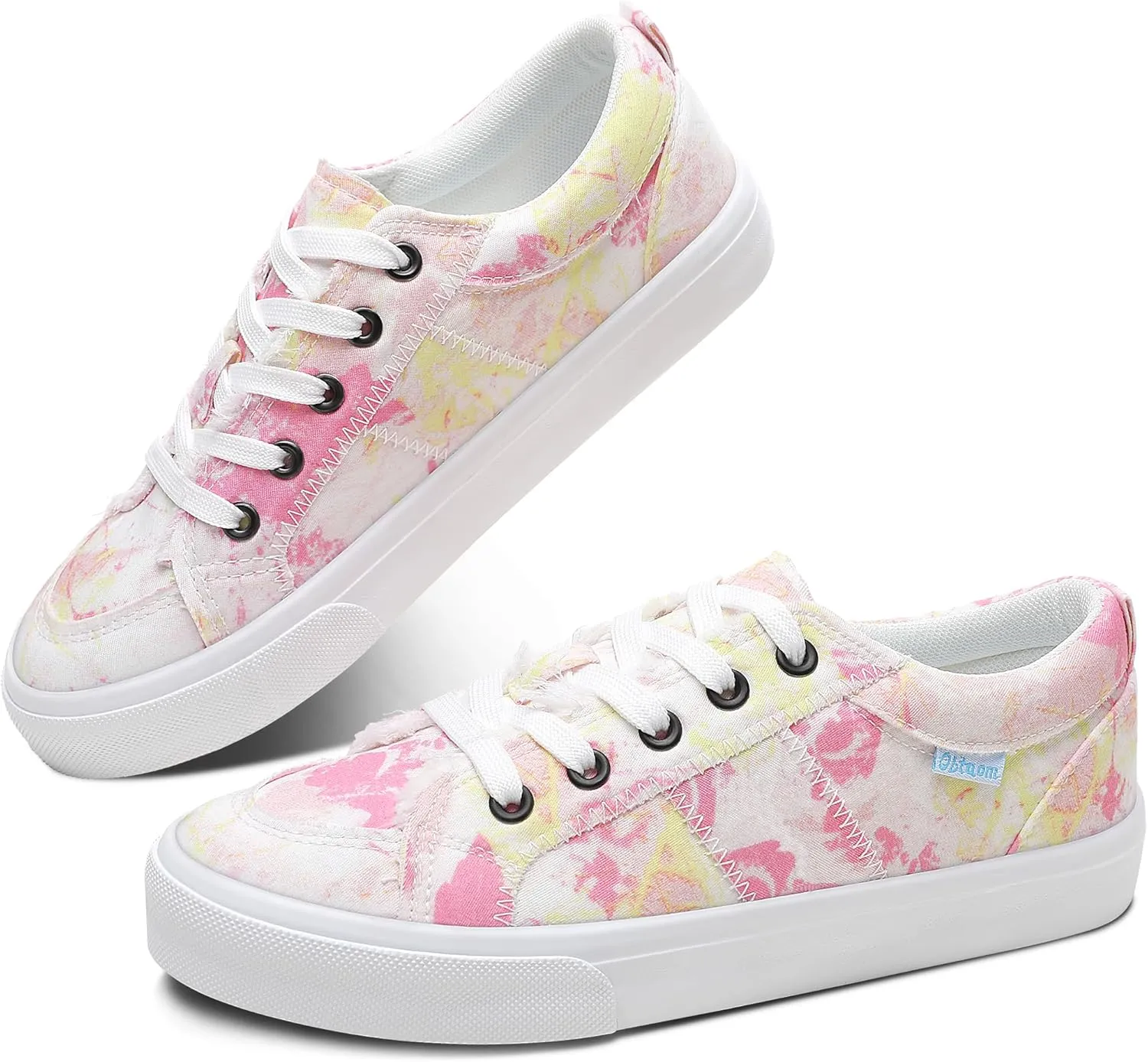 Obtaom Women's White Play Fashion Sneakers Cute Lace up Canvas Shoes Low Top Washed Canvas Flat for Lady