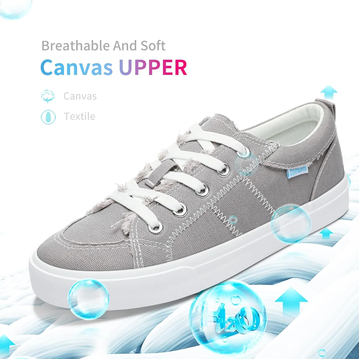 Obtaom Women's White Play Fashion Sneakers Cute Lace up Canvas Shoes Low Top Washed Canvas Flat for Lady