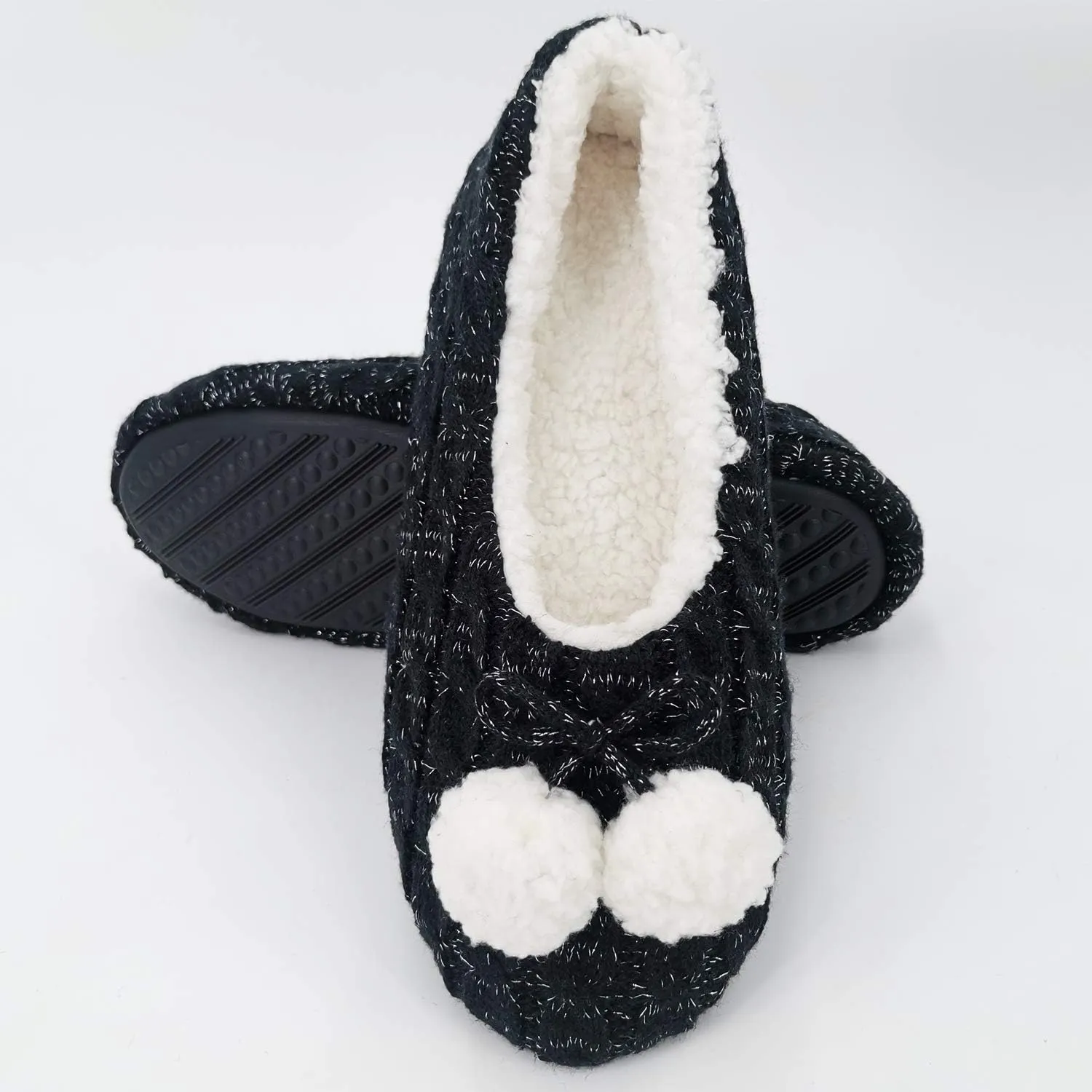 ofoot Womens Indoor Warm Knit House Shoes,Ballerina Slipper Socks,Washable Ballet Style Flats,Soft Soled Non Slip Rubber Bottom with Grips