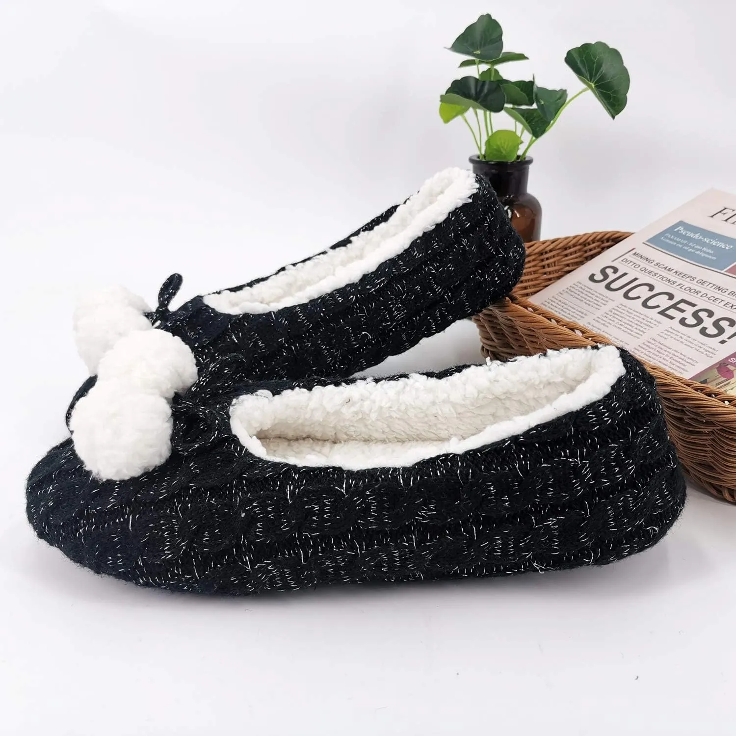 ofoot Womens Indoor Warm Knit House Shoes,Ballerina Slipper Socks,Washable Ballet Style Flats,Soft Soled Non Slip Rubber Bottom with Grips