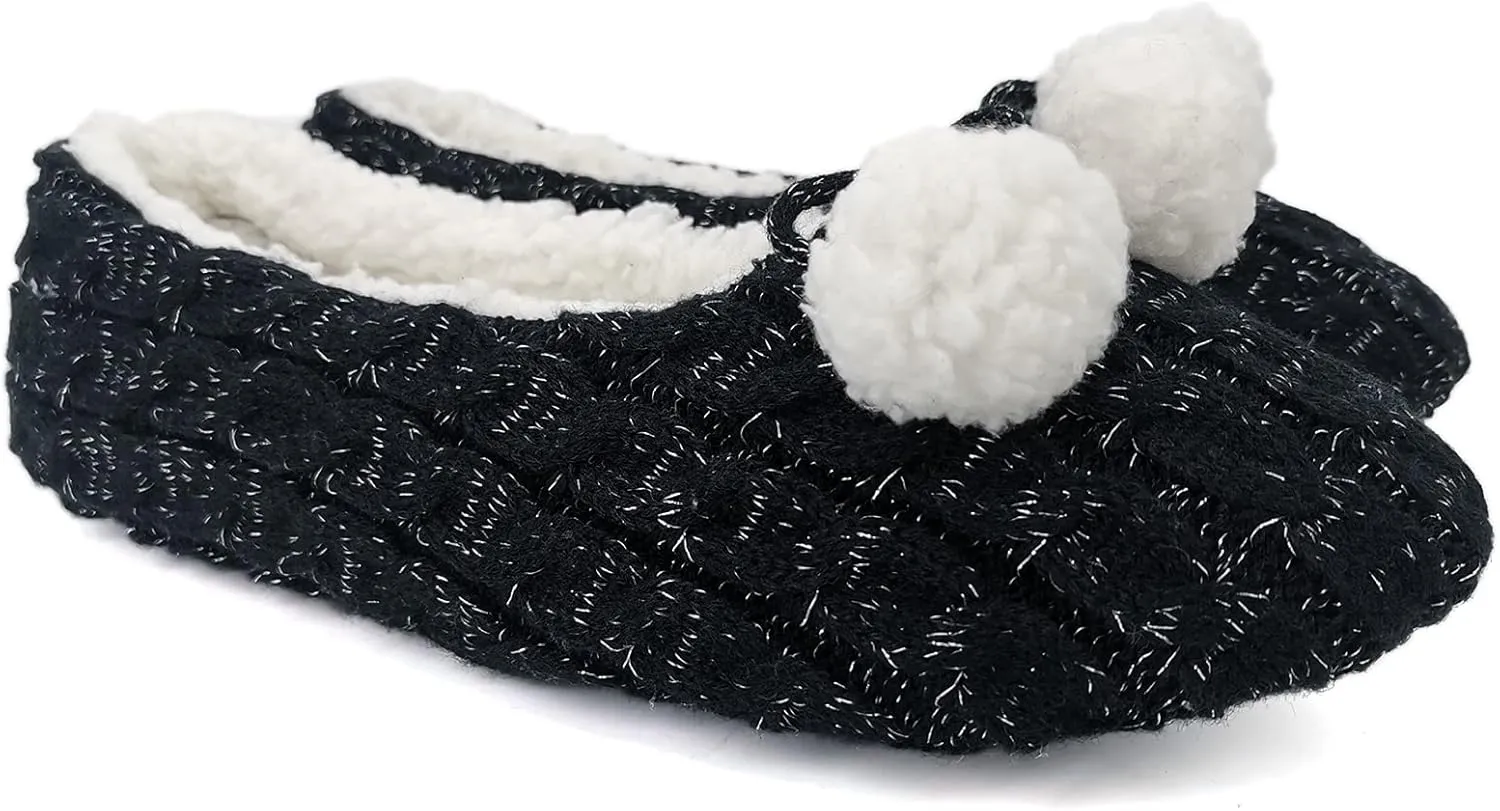 ofoot Womens Indoor Warm Knit House Shoes,Ballerina Slipper Socks,Washable Ballet Style Flats,Soft Soled Non Slip Rubber Bottom with Grips