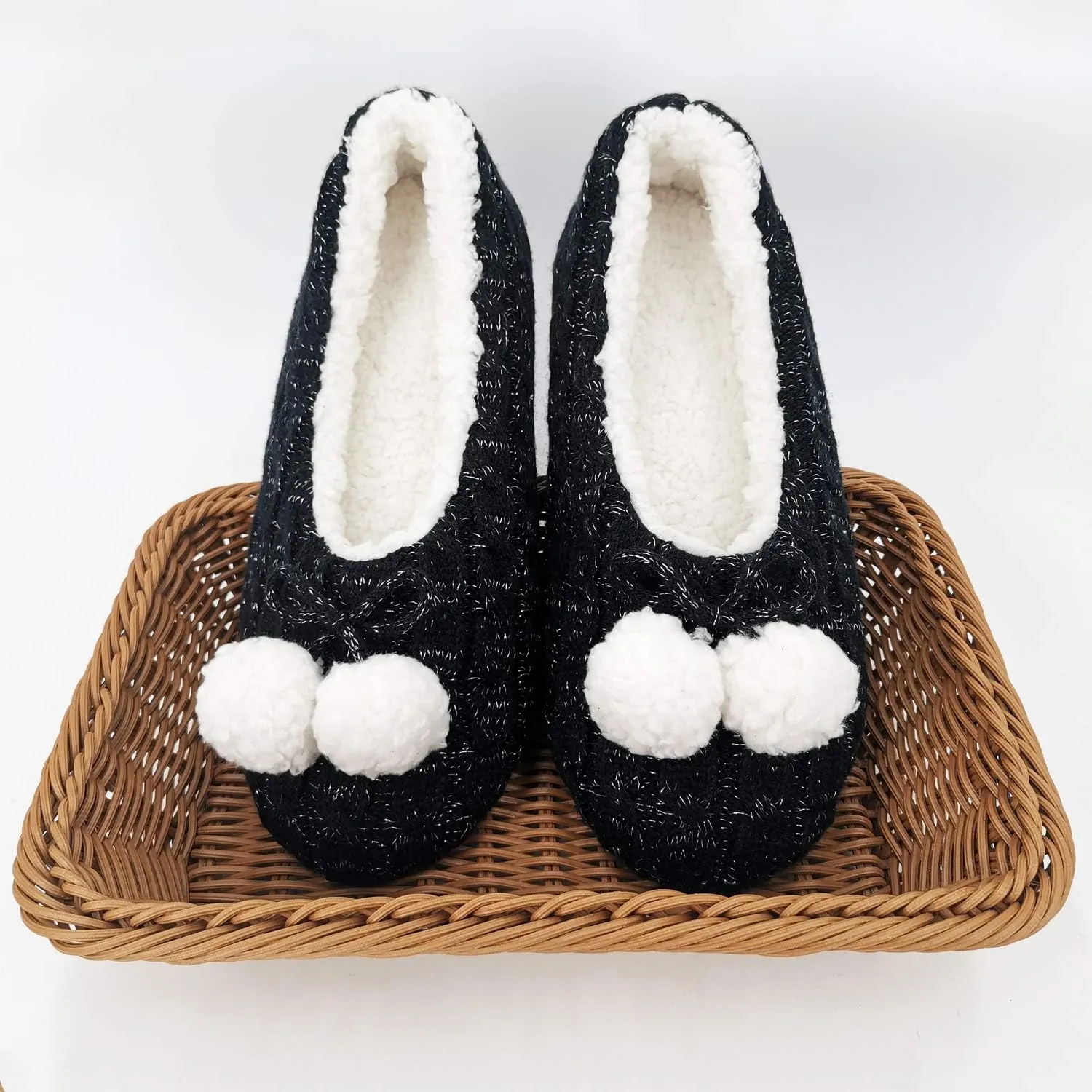 ofoot Womens Indoor Warm Knit House Shoes,Ballerina Slipper Socks,Washable Ballet Style Flats,Soft Soled Non Slip Rubber Bottom with Grips