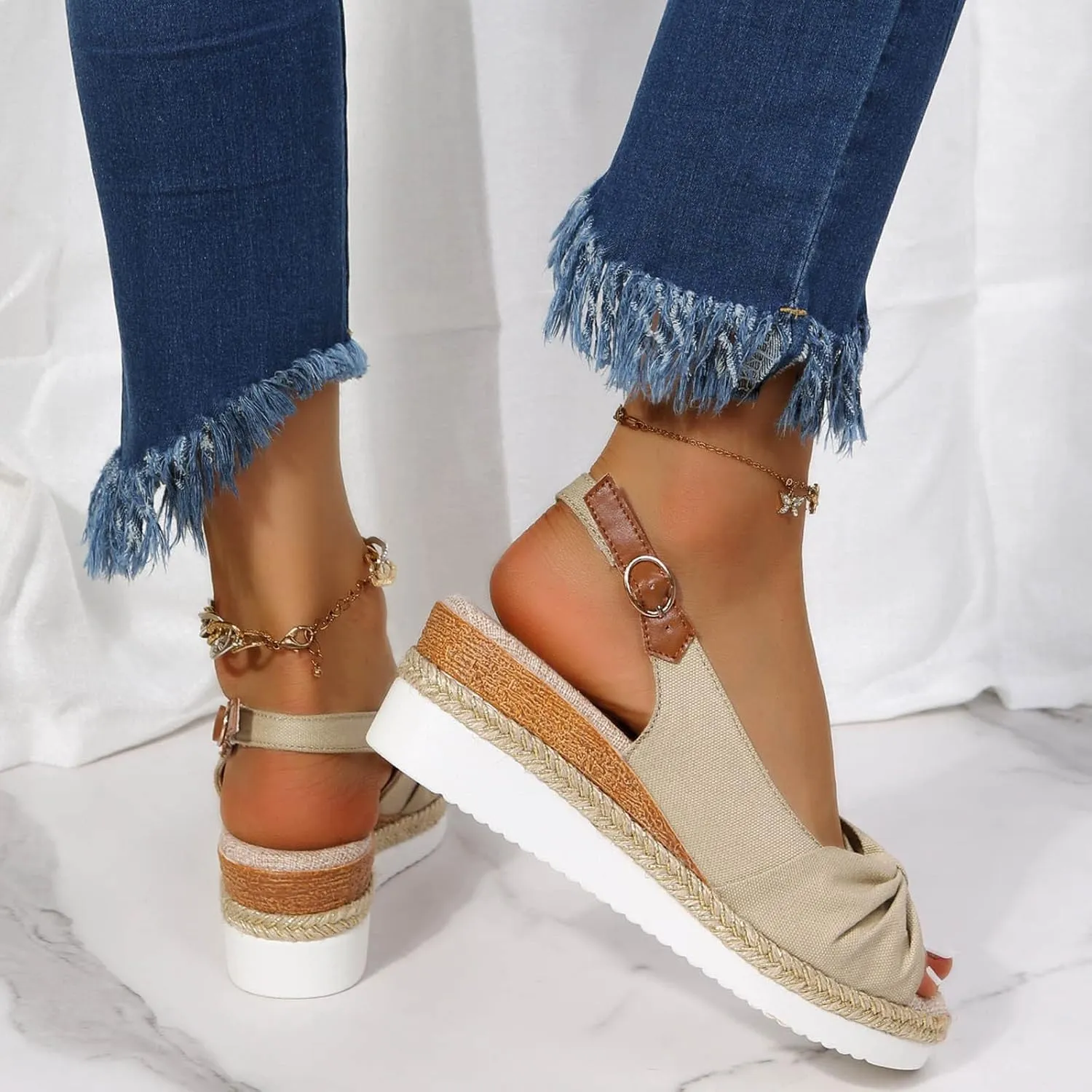 oiangi Wedge Sandals for Women Casual Summer Fish Mouth Open Toe Slingback Buckle Hemp Rope Platform Sandals Comfortable Outdoor Ladies Shoes Sandalias