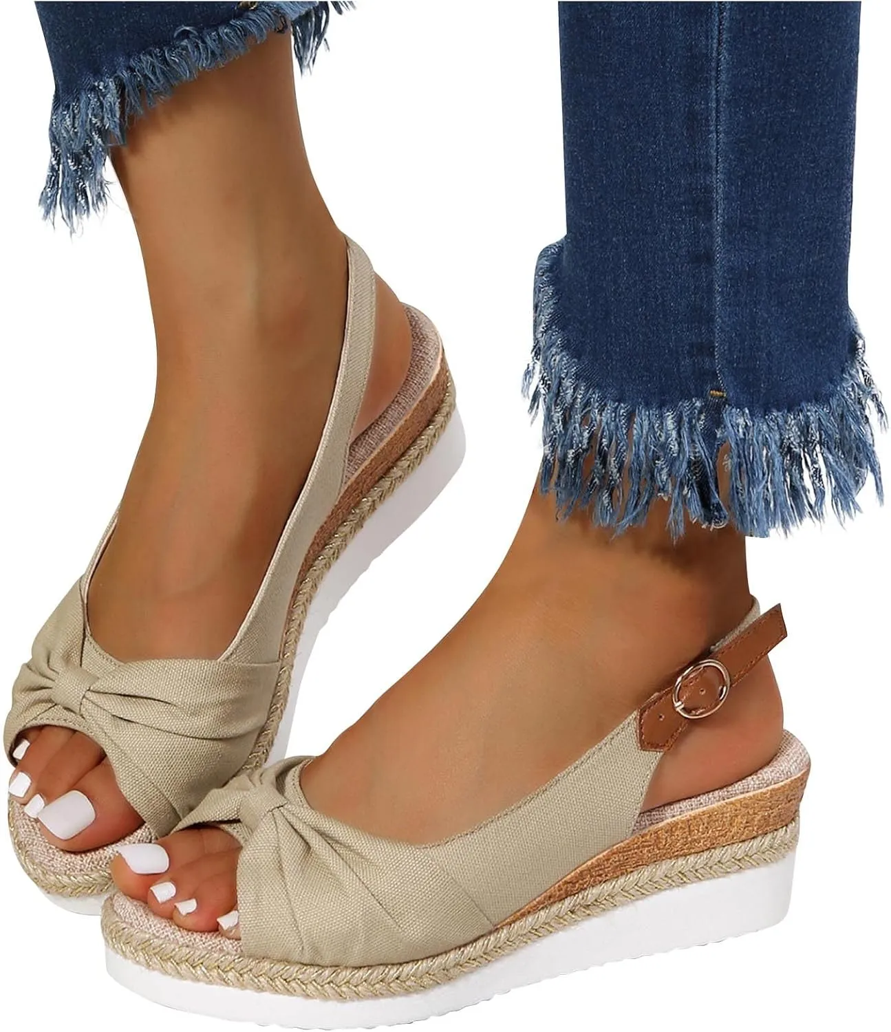 oiangi Wedge Sandals for Women Casual Summer Fish Mouth Open Toe Slingback Buckle Hemp Rope Platform Sandals Comfortable Outdoor Ladies Shoes Sandalias