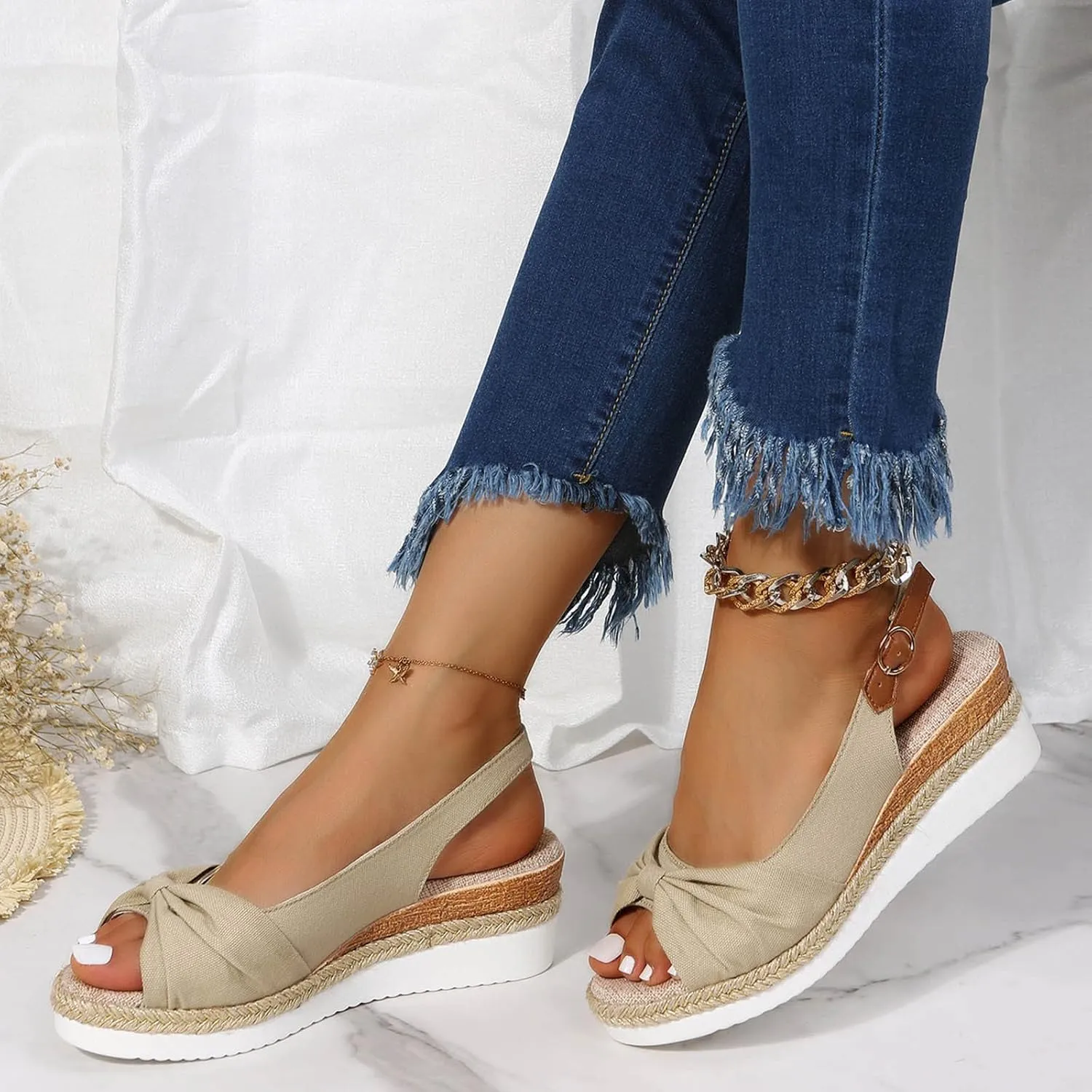 oiangi Wedge Sandals for Women Casual Summer Fish Mouth Open Toe Slingback Buckle Hemp Rope Platform Sandals Comfortable Outdoor Ladies Shoes Sandalias