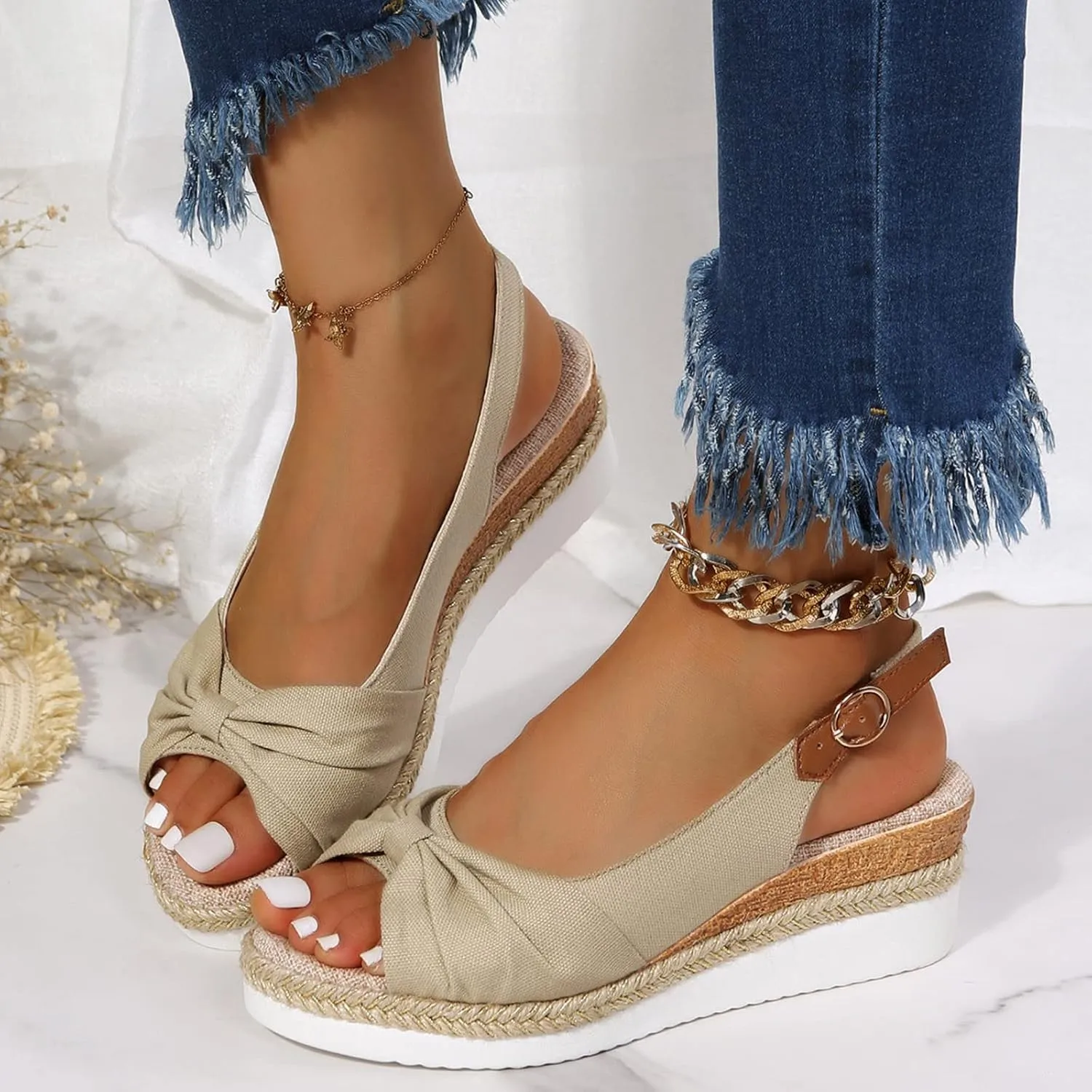 oiangi Wedge Sandals for Women Casual Summer Fish Mouth Open Toe Slingback Buckle Hemp Rope Platform Sandals Comfortable Outdoor Ladies Shoes Sandalias