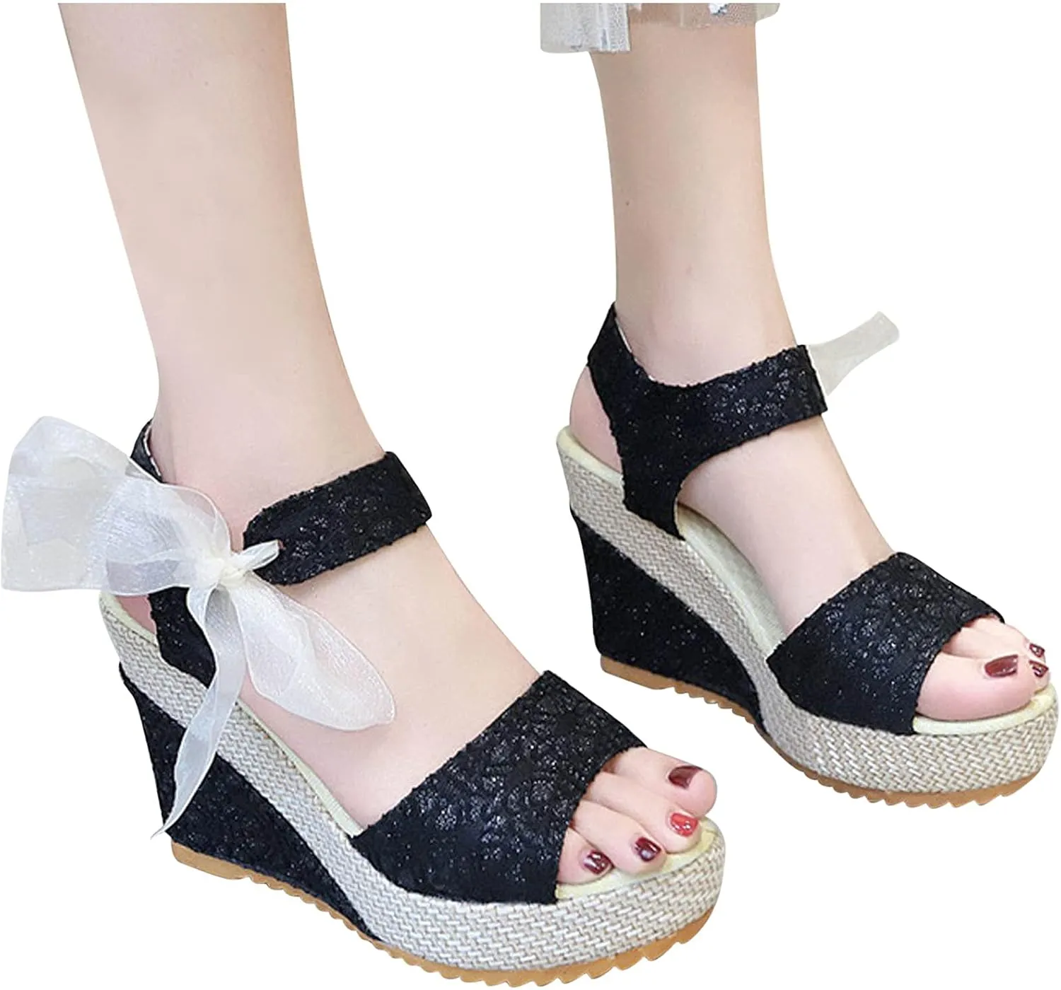 oiangi Womens Platform Sandals,Summer Ladies Strappy Sandals Slope Heel Lace Bow Casual Beach Shoes
