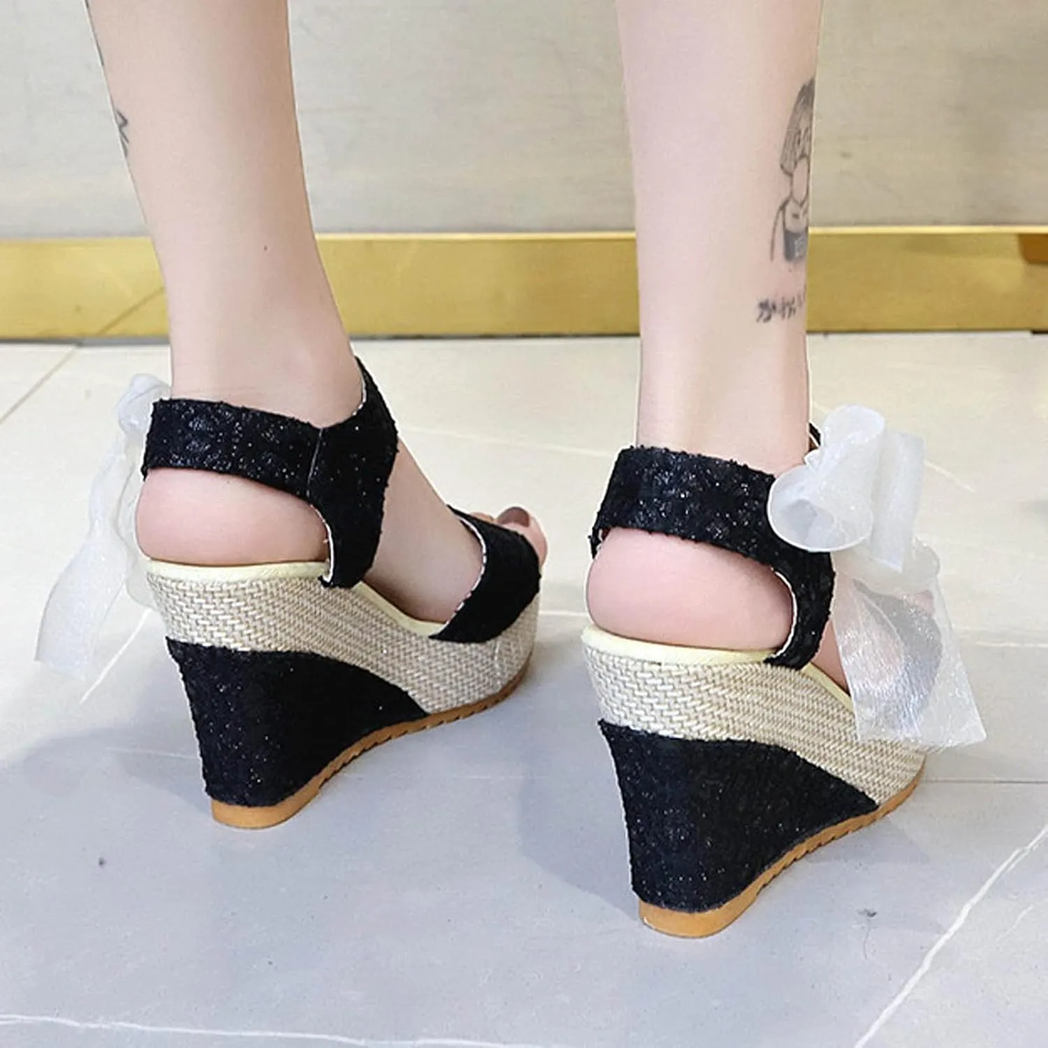 oiangi Womens Platform Sandals,Summer Ladies Strappy Sandals Slope Heel Lace Bow Casual Beach Shoes