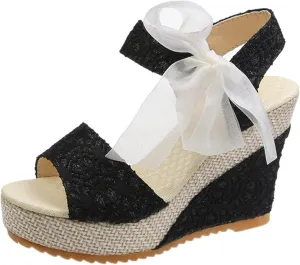 oiangi Womens Platform Sandals,Summer Ladies Strappy Sandals Slope Heel Lace Bow Casual Beach Shoes