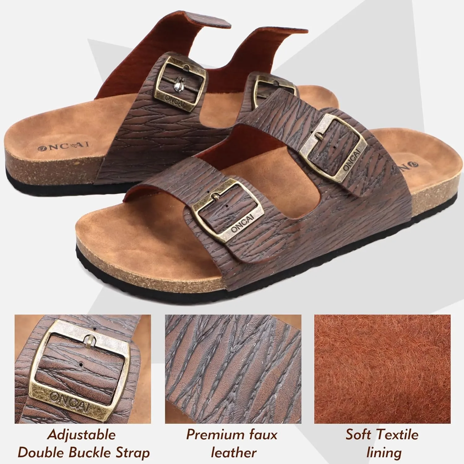 ONCAI Mens Sandals,Beach Slides Cork Footbed Slippers with Adjustable Buckle Straps Size 7-13