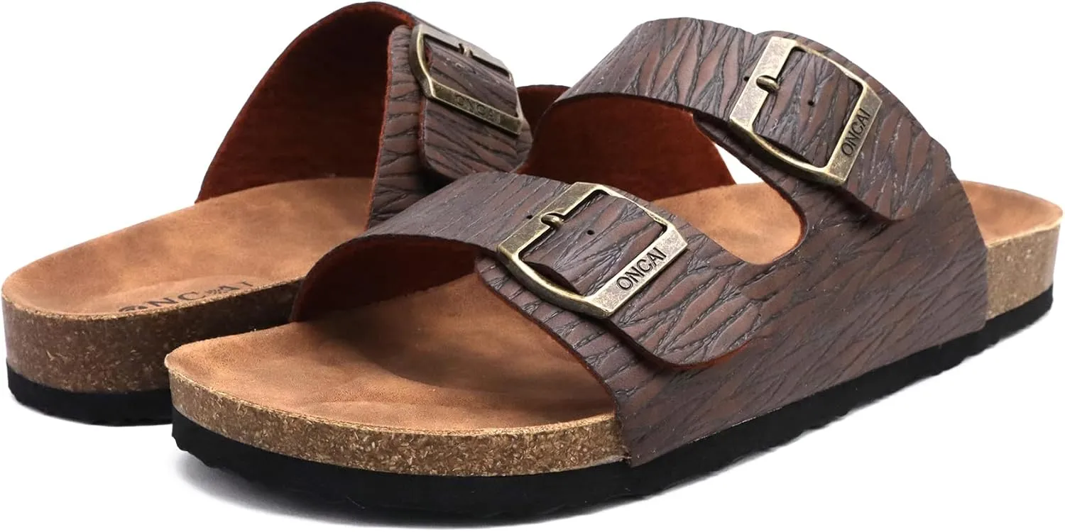 ONCAI Mens Sandals,Beach Slides Cork Footbed Slippers with Adjustable Buckle Straps Size 7-13