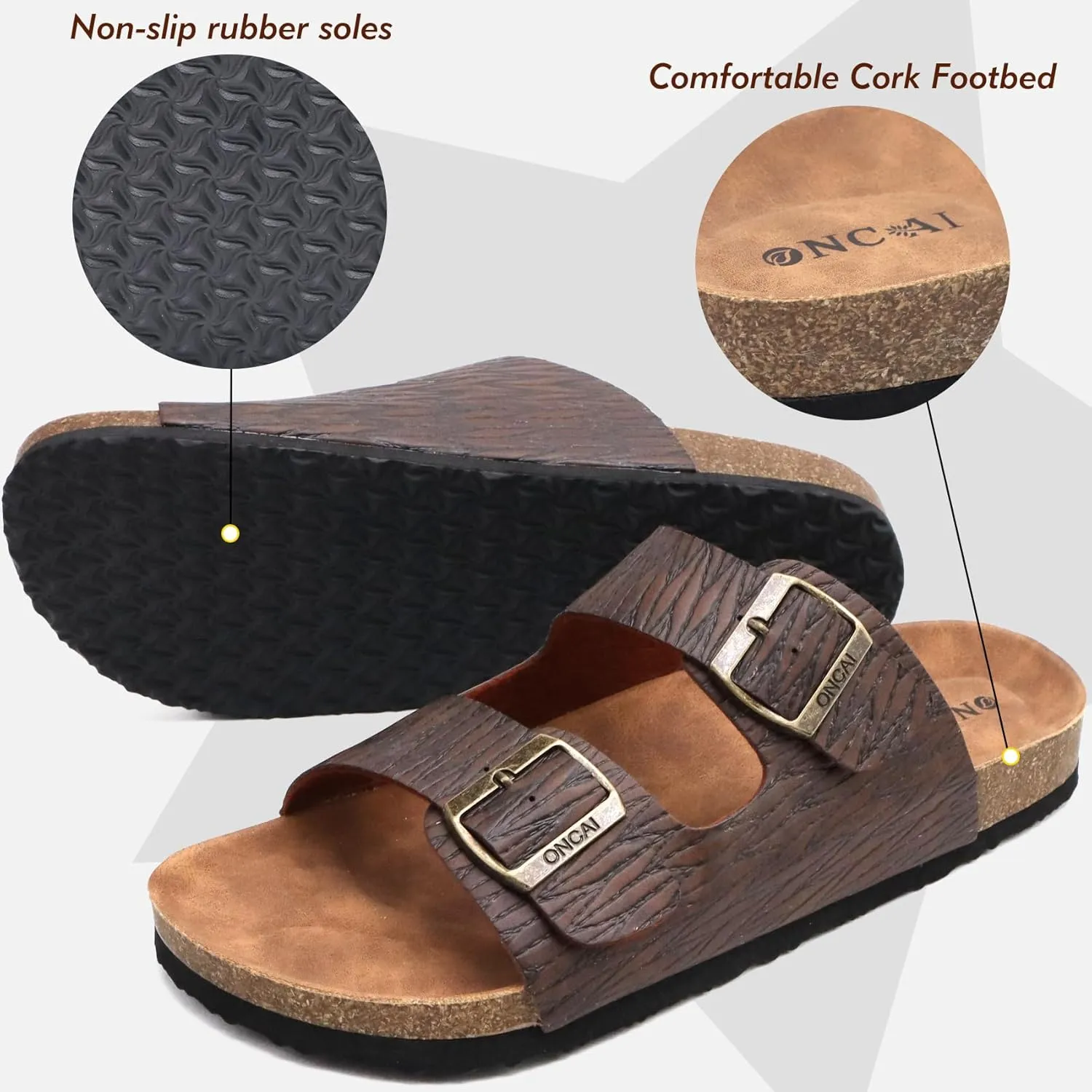 ONCAI Mens Sandals,Beach Slides Cork Footbed Slippers with Adjustable Buckle Straps Size 7-13