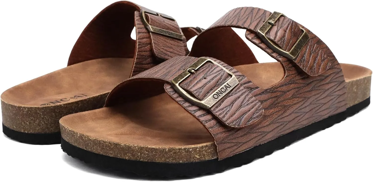 ONCAI Mens Sandals,Beach Slides Cork Footbed Slippers with Adjustable Buckle Straps Size 7-13