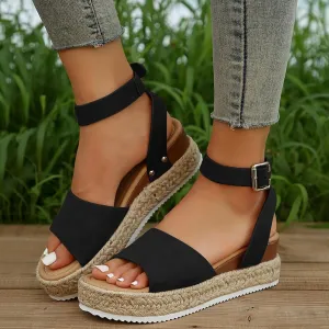 Open Toe Buckle Ankle Strap Espadrilles Flatform Wedge Casual Sandals for Women 2025 Platform Wedge Sandals Women Faux Leather Summer Dressy Elegant Flats