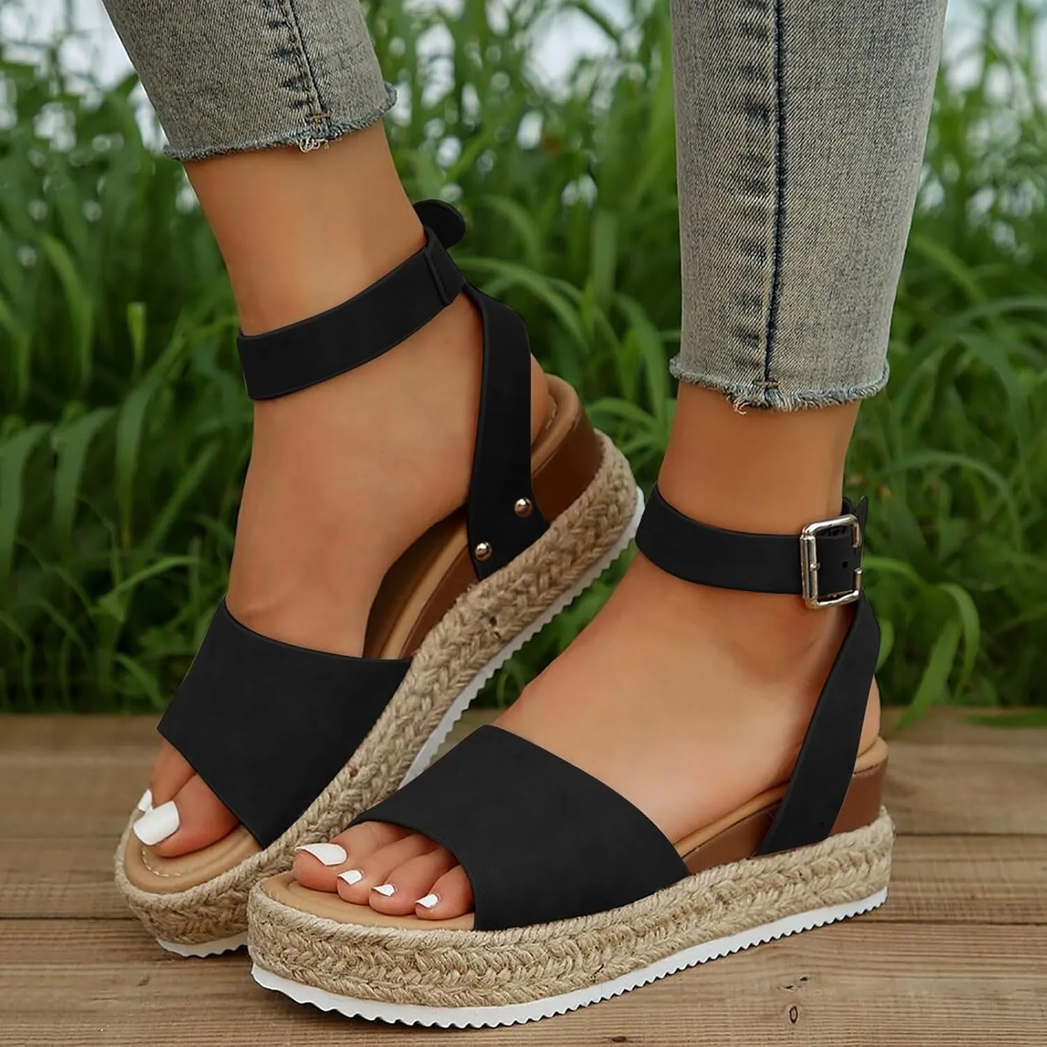 Open Toe Buckle Ankle Strap Espadrilles Flatform Wedge Casual Sandals for Women 2025 Platform Wedge Sandals Women Faux Leather Summer Dressy Elegant Flats
