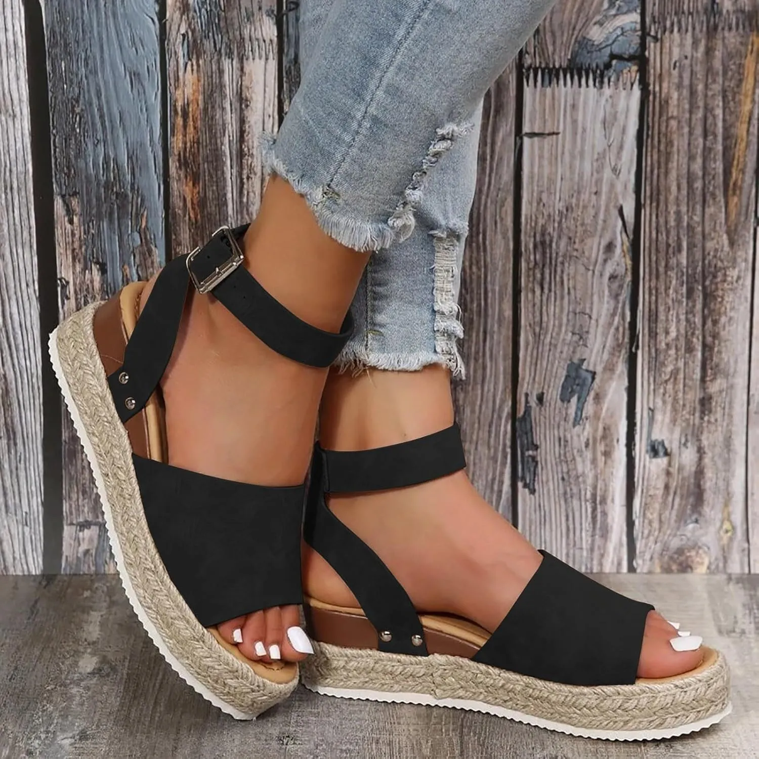 Open Toe Buckle Ankle Strap Espadrilles Flatform Wedge Casual Sandals for Women 2025 Platform Wedge Sandals Women Faux Leather Summer Dressy Elegant Flats