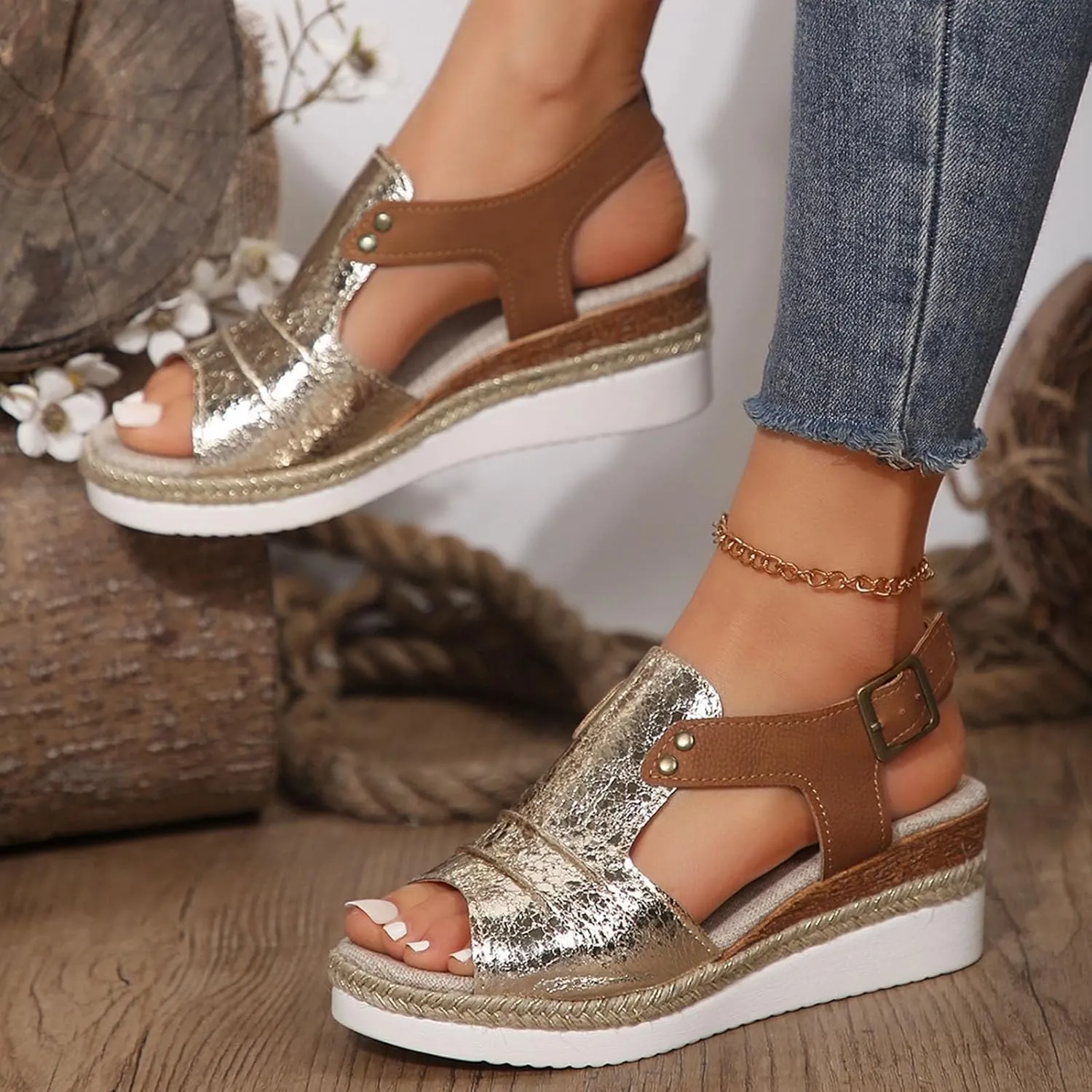 Orthopedic Platform Wedge Sandals for Women Summer Dressy 2025 Open Toe Ankle Strap Espadrilles Sandals Beach Sandals