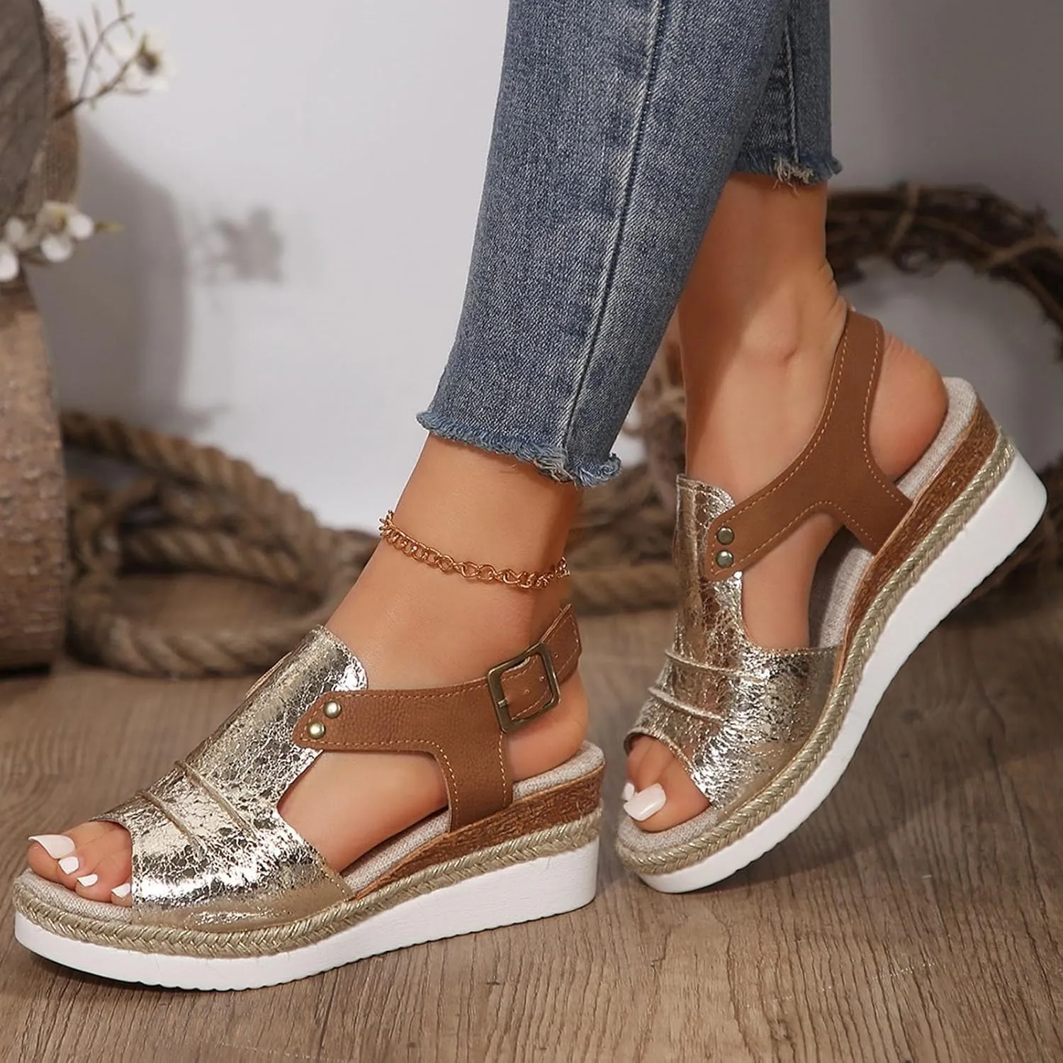 Orthopedic Platform Wedge Sandals for Women Summer Dressy 2025 Open Toe Ankle Strap Espadrilles Sandals Beach Sandals