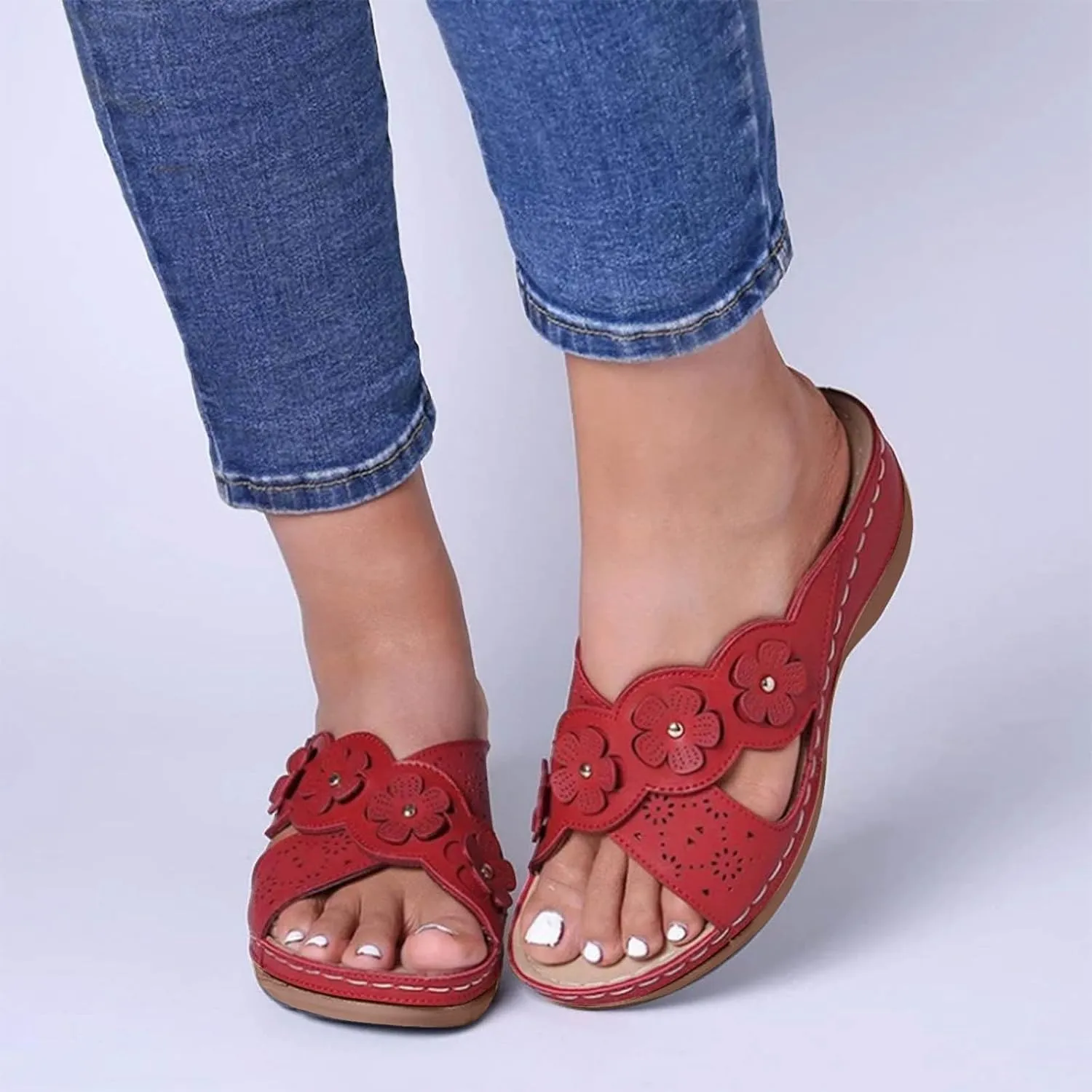 Orthopedic Wedge Sandals for Women Dressy Summer Walking Sandals Open Toe Beach Sandals Cross Strap Flowers Slides