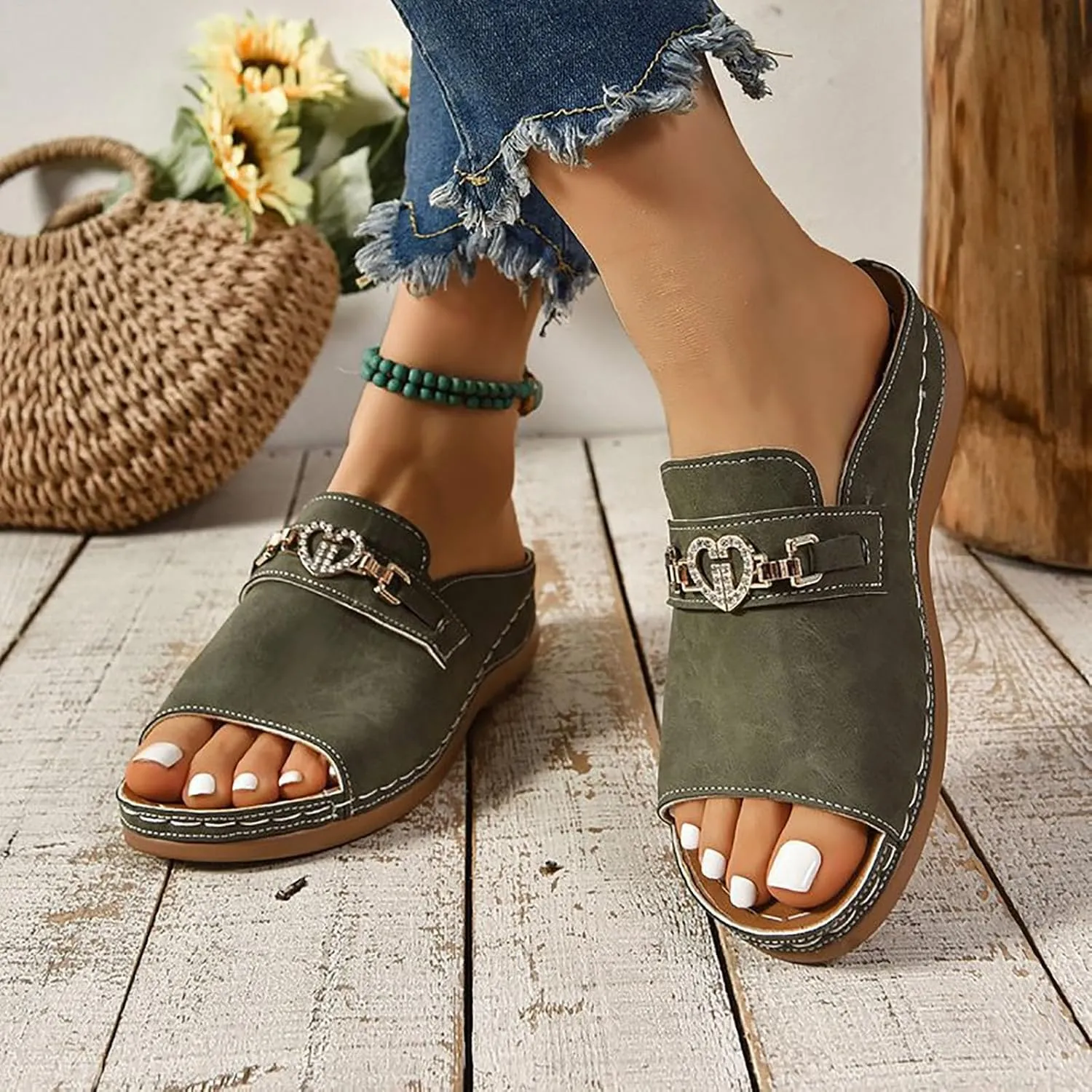 Orthopedic Wedge Sandals for Women Summer Dressy 2025 Casual Wide Leather Orthopedic Walking Fish Mouth Thick Soled Slip On Slippers Non Slip Lightweight with Cushion Sandals