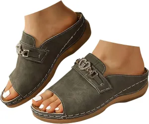 Orthopedic Wedge Sandals for Women Summer Dressy 2025 Casual Wide Leather Orthopedic Walking Fish Mouth Thick Soled Slip On Slippers Non Slip Lightweight with Cushion Sandals