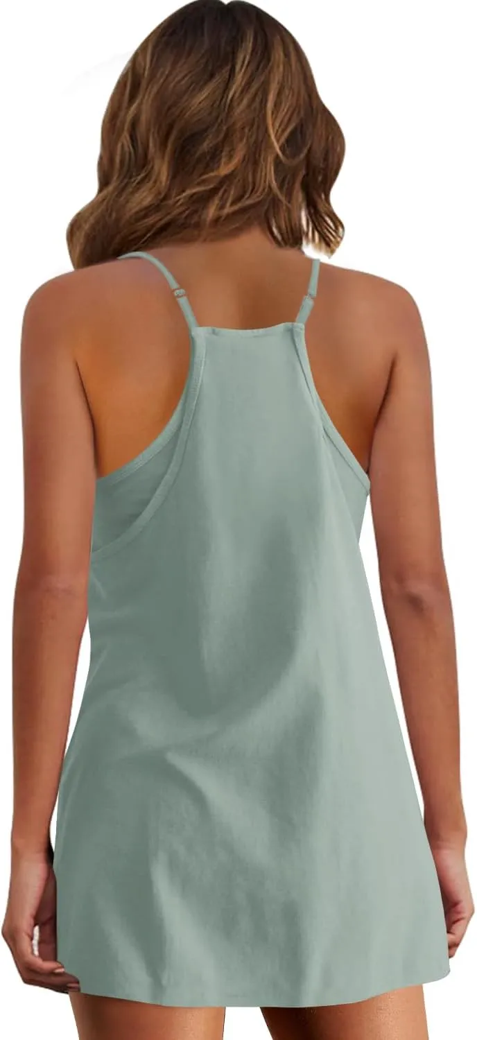 Panadila Womens Summer Sleeveless Mini Dress V Neck Spaghetti Strap Sundress Athletic Short Dress with Pockets