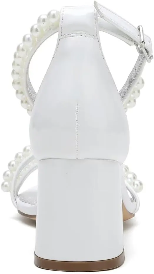 Pearl Heels Wedding Shoes for Bride Open Toe Wedding Sandals Block Heel Bridal Shoes