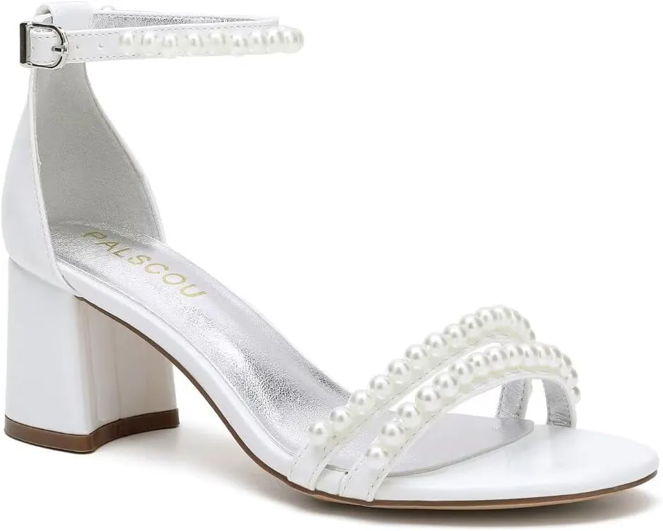 Pearl Heels Wedding Shoes for Bride Open Toe Wedding Sandals Block Heel Bridal Shoes