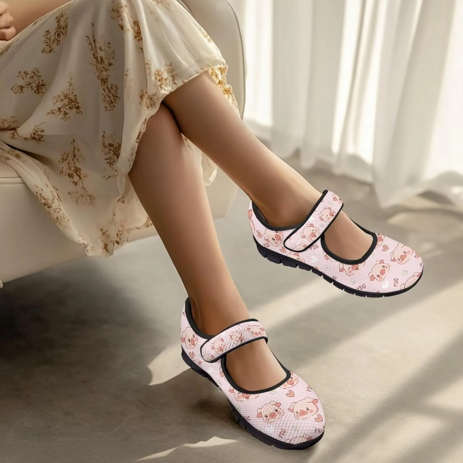 Pig Mary Jane Ballet Flats Round Toe Flats for Women Slip On Business Work Loafers Hiking Shoes