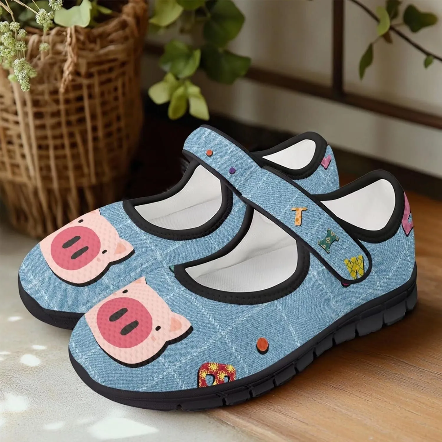 Pig Mary Jane Ballet Flats Round Toe Flats for Women Slip On Business Work Loafers Hiking Shoes