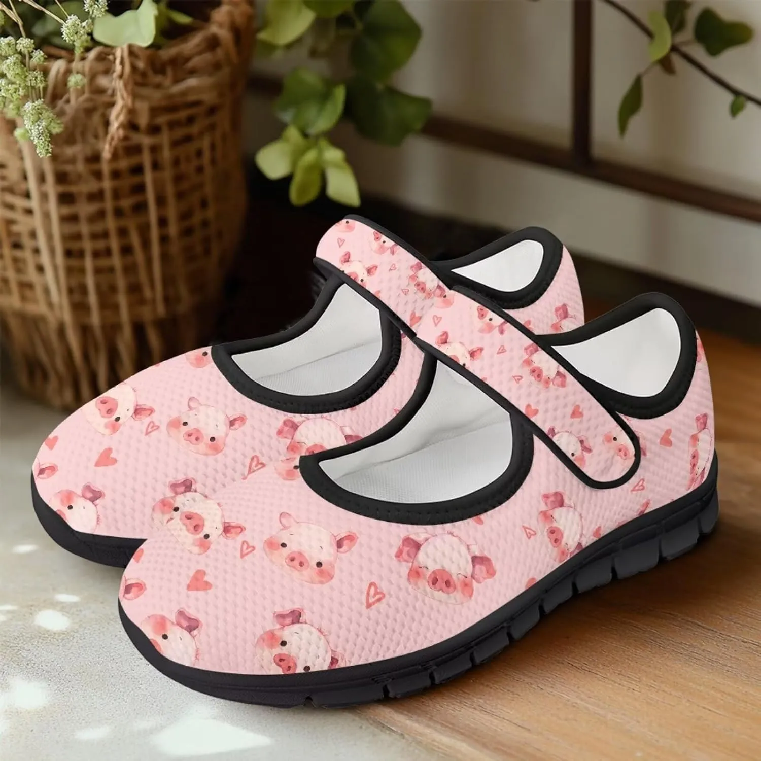 Pig Mary Jane Ballet Flats Round Toe Flats for Women Slip On Business Work Loafers Hiking Shoes