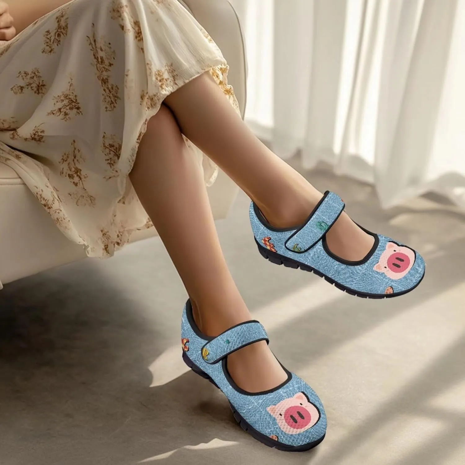 Pig Mary Jane Ballet Flats Round Toe Flats for Women Slip On Business Work Loafers Hiking Shoes