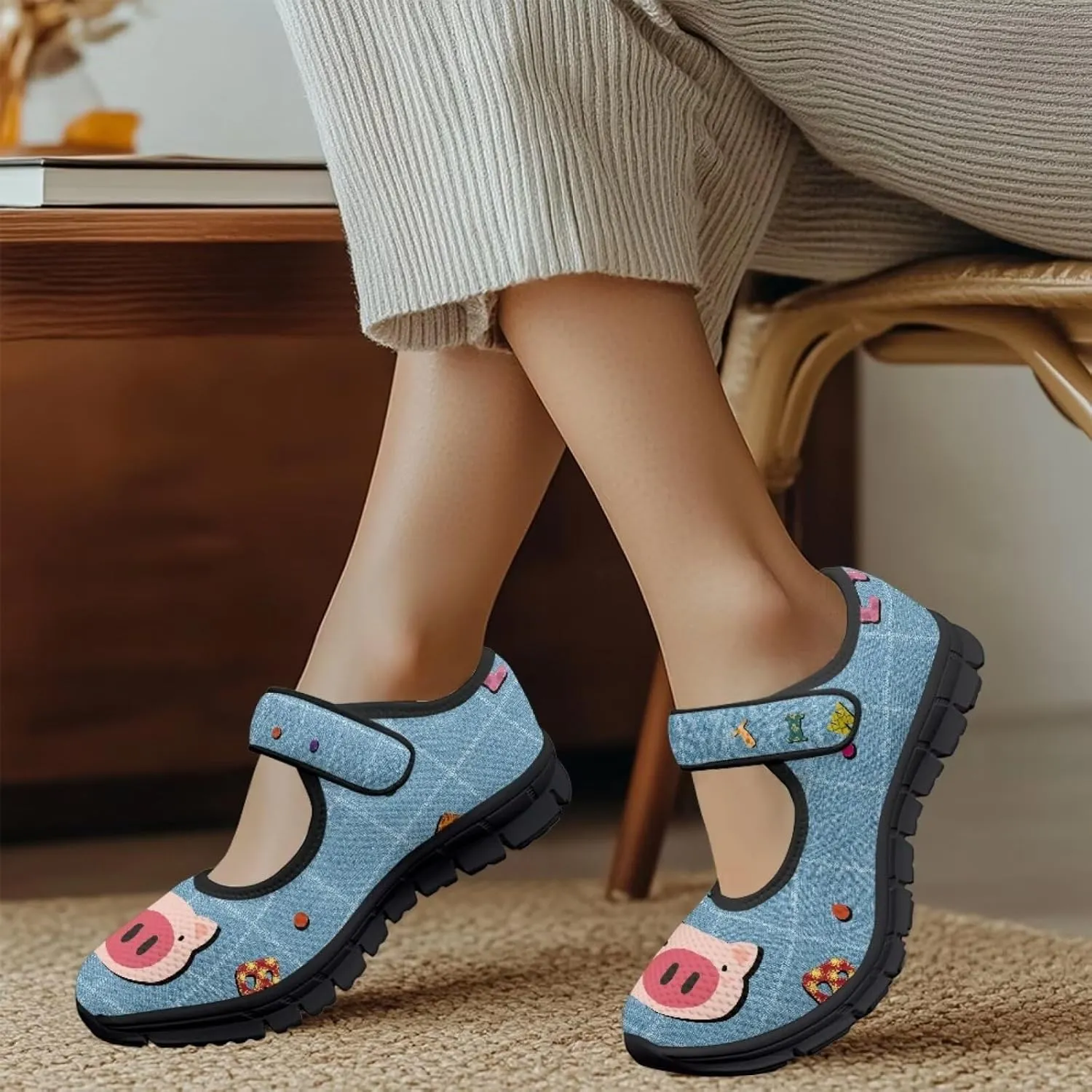 Pig Mary Jane Ballet Flats Round Toe Flats for Women Slip On Business Work Loafers Hiking Shoes