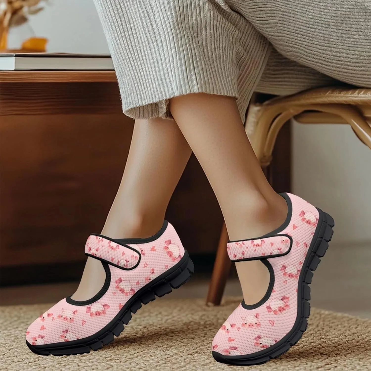 Pig Mary Jane Ballet Flats Round Toe Flats for Women Slip On Business Work Loafers Hiking Shoes