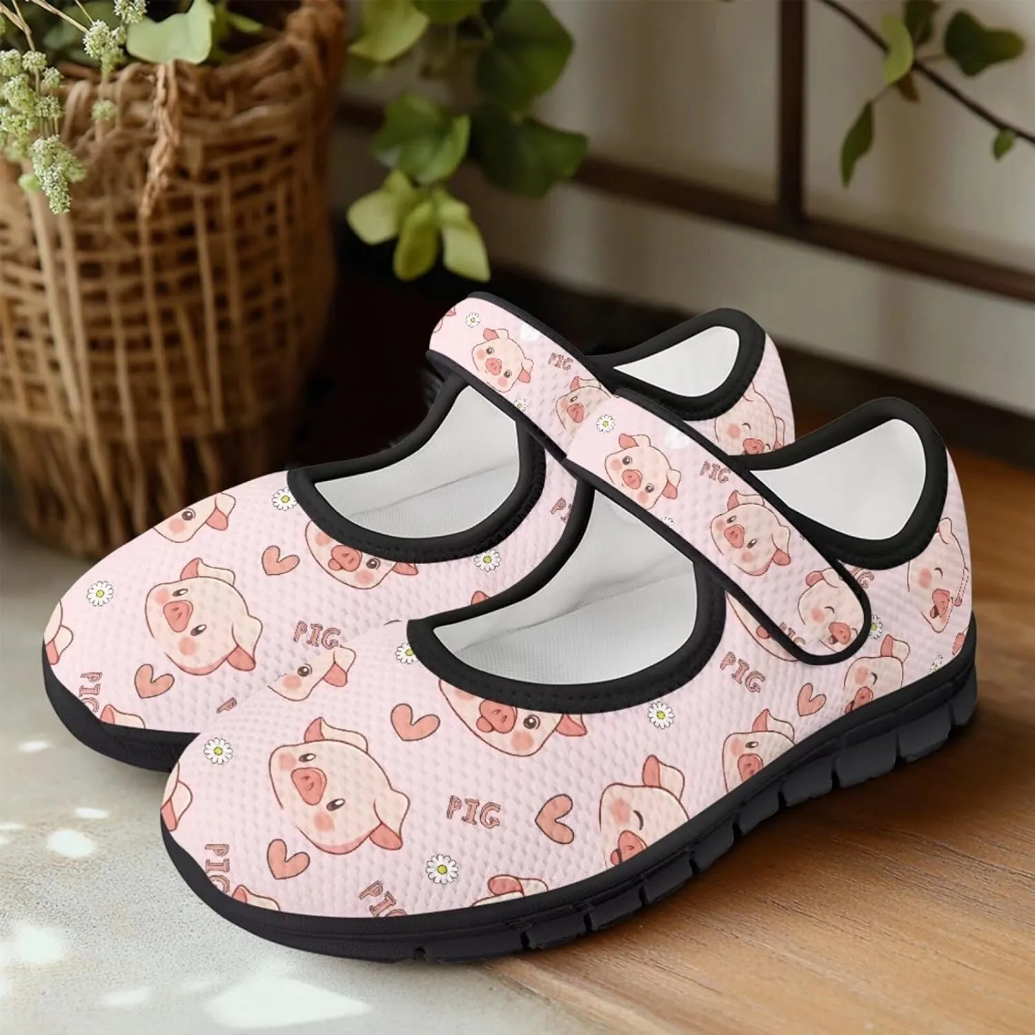 Pig Mary Jane Ballet Flats Round Toe Flats for Women Slip On Business Work Loafers Hiking Shoes