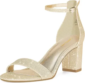 PIZZ ANNU Women's Open Toe Ankle Strap Low Block Chunky Heels Sandals Party Dress Pumps Shoes Strappy Buckle Sandals with 2.6" Tall Thick Heel Design
