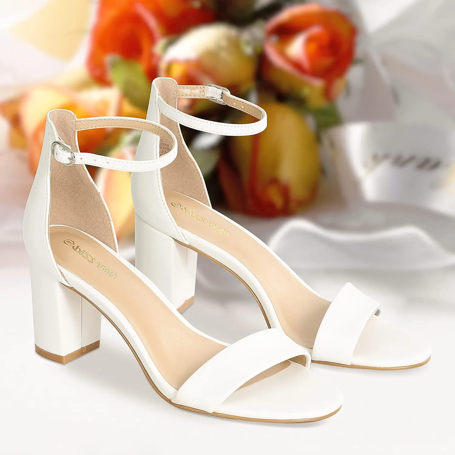 PIZZ ANNU Women's Open Toe Ankle Strap Low Block Chunky Heels Sandals Party Dress Pumps Shoes Strappy Buckle Sandals with 2.6" Tall Thick Heel Design