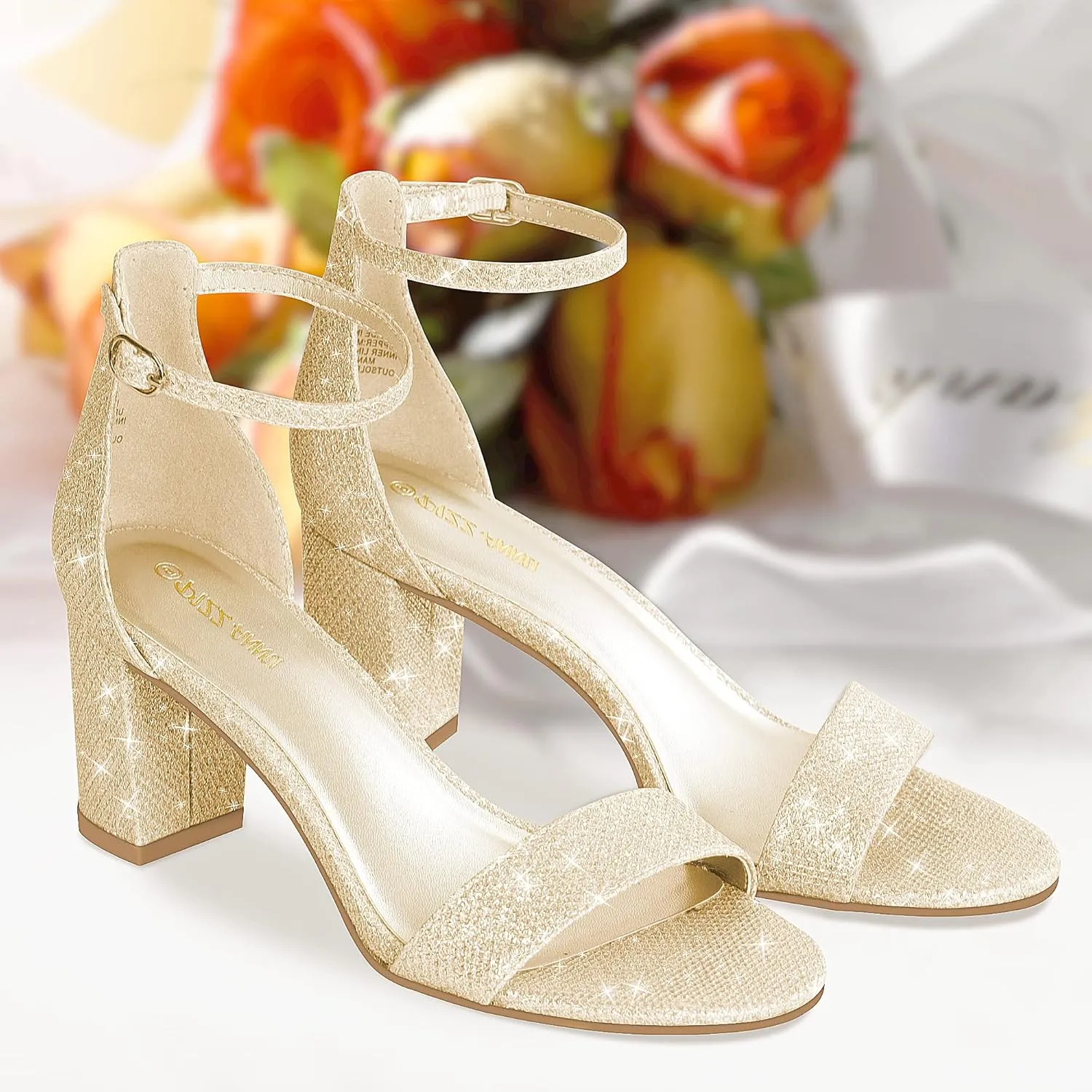 PIZZ ANNU Women's Open Toe Ankle Strap Low Block Chunky Heels Sandals Party Dress Pumps Shoes Strappy Buckle Sandals with 2.6" Tall Thick Heel Design