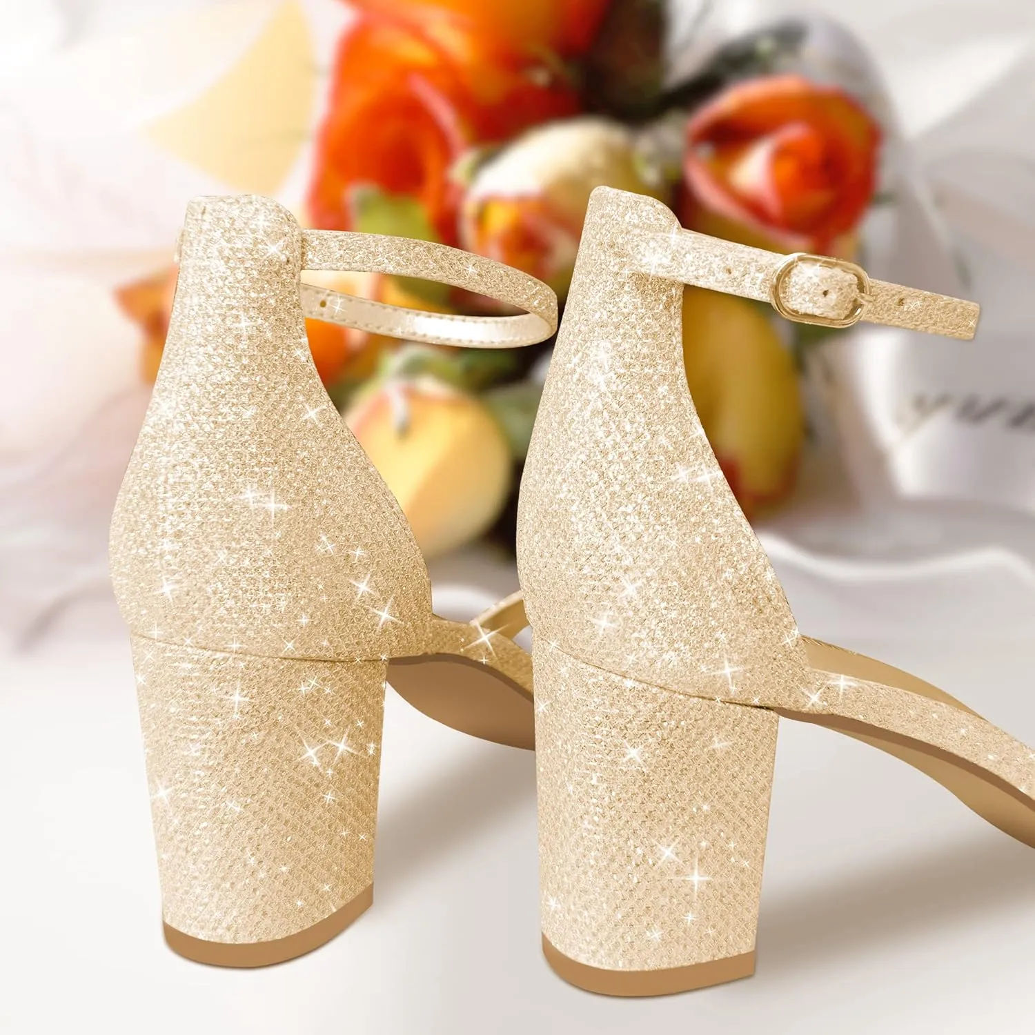 PIZZ ANNU Women's Open Toe Ankle Strap Low Block Chunky Heels Sandals Party Dress Pumps Shoes Strappy Buckle Sandals with 2.6" Tall Thick Heel Design