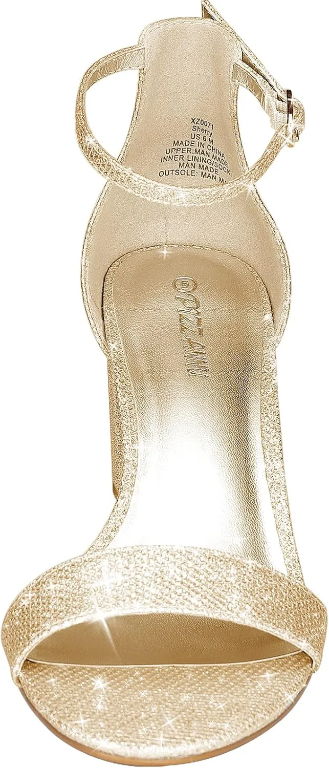 PIZZ ANNU Women's Open Toe Ankle Strap Low Block Chunky Heels Sandals Party Dress Pumps Shoes Strappy Buckle Sandals with 2.6" Tall Thick Heel Design