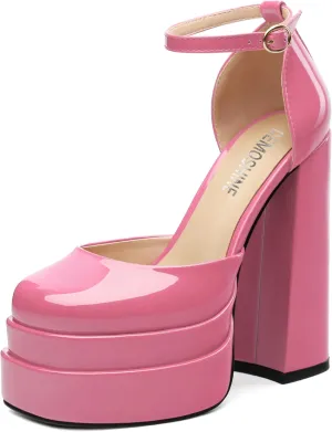 Platform Chunky High Heels for Women Paten Round Closed Toe Ankle Strap Sandals Sexy Fashion Party Dress Shoes