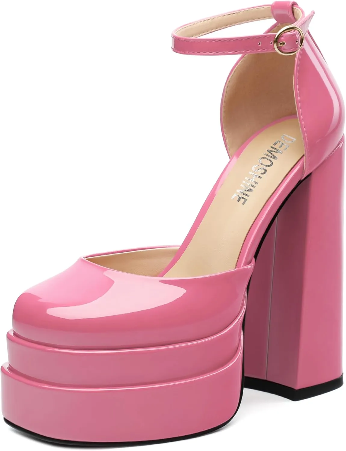 Platform Chunky High Heels for Women Paten Round Closed Toe Ankle Strap Sandals Sexy Fashion Party Dress Shoes