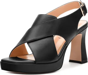 Platform Sandals, Buckle Slingback High Heels for Women, Square Open Toe Fashion Solid Block Heeled Sandal