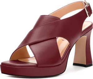 Platform Sandals, Buckle Slingback High Heels for Women, Square Open Toe Fashion Solid Block Heeled Sandal