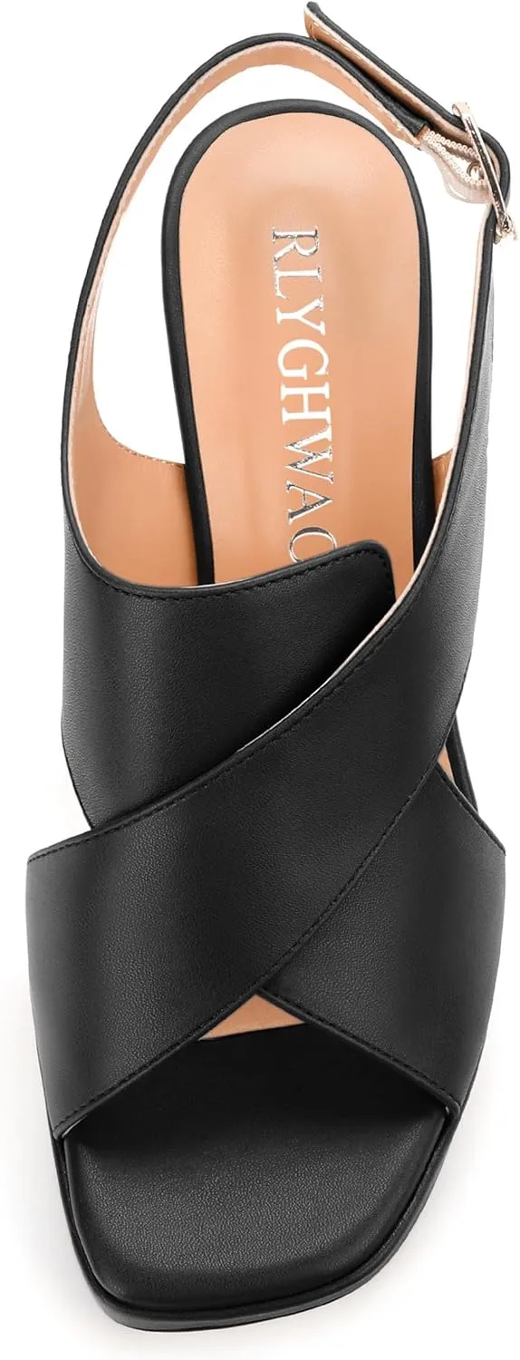 Platform Sandals, Buckle Slingback High Heels for Women, Square Open Toe Fashion Solid Block Heeled Sandal