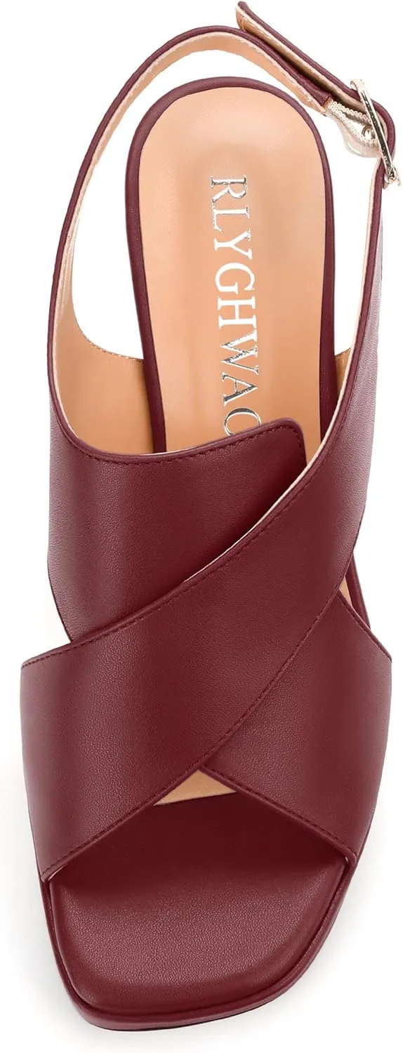 Platform Sandals, Buckle Slingback High Heels for Women, Square Open Toe Fashion Solid Block Heeled Sandal