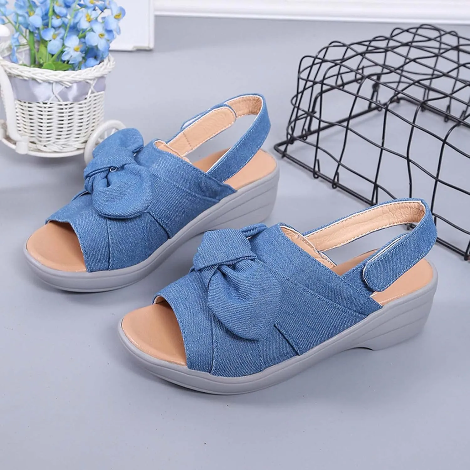 Platform Sandals Women Chunky Heel Bow Knot Fish Mouth Open Toe Back Straps Hook and Loop Thick High Heel Sandals Summer Dressy Casual Ladies Shoes